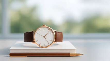Elegant wristwatch with brown leather strap resting on a white notebook, paired with a gold pen. Office desk, time management, productivity and minimal workspace concept. Image with copy space
