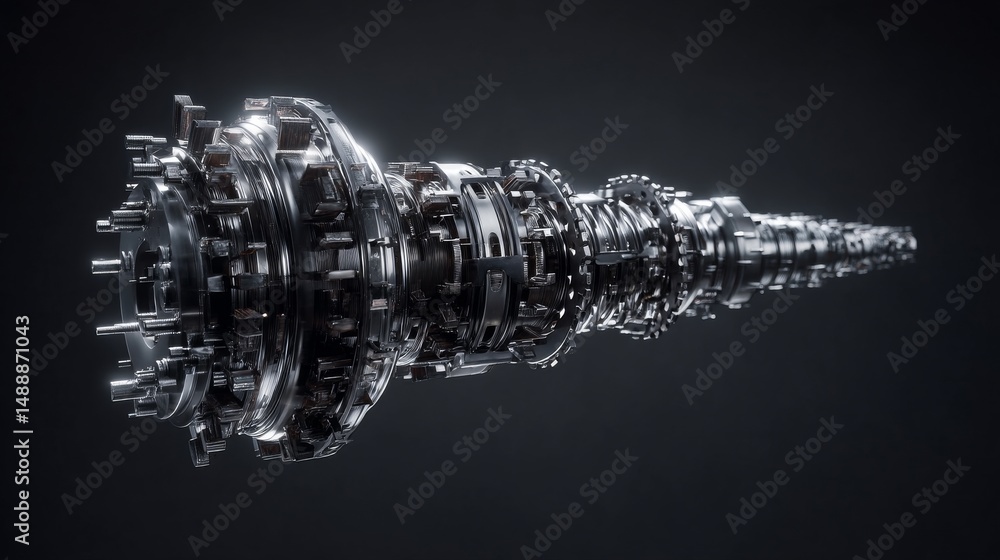 Poster a detailed view of a metallic turbine showcasing its intricate design and mechanics.