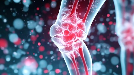 Stylized medical illustration of osteoarthritis progression in knee joint, highlighted cartilage breakdown, joint narrowing and inflammation