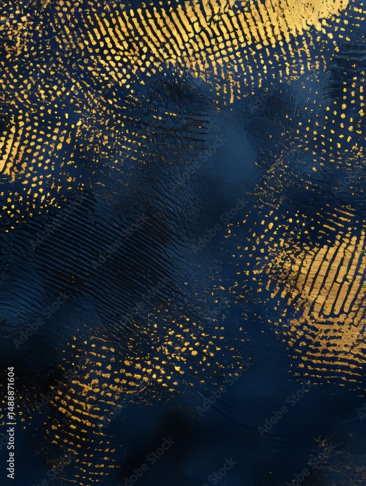 Poster abstract design featuring dark blue background with golden patterns and textures in dynamic arrangem