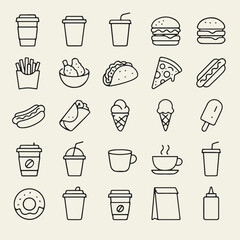 Outline black flat icons on the theme of fast food, vector illustration, isolated on a light background.