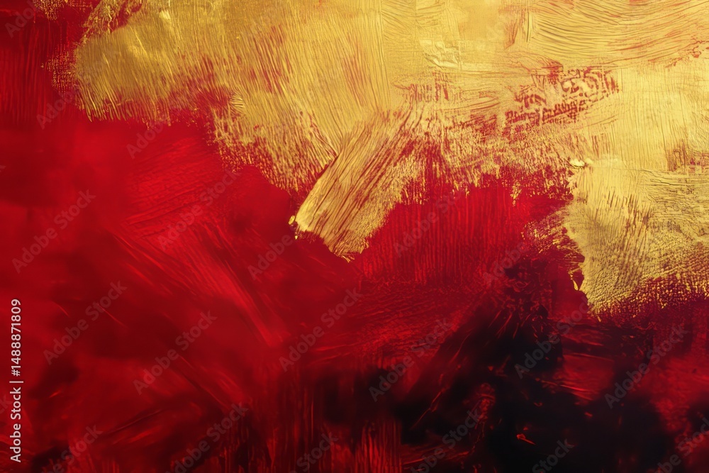 Poster background with bold red and gold abstraction featuring dynamic brush strokes and rich textures evok