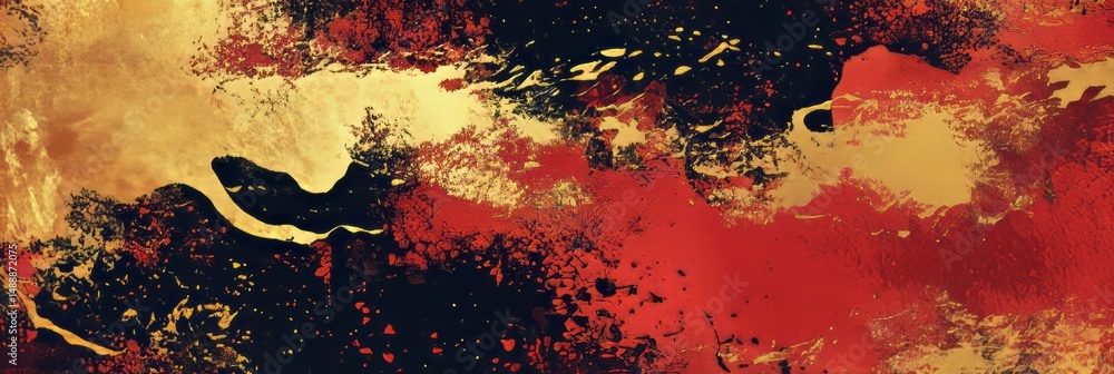 Poster abstract composition featuring contrasting colors and dynamic textures set against a dark background