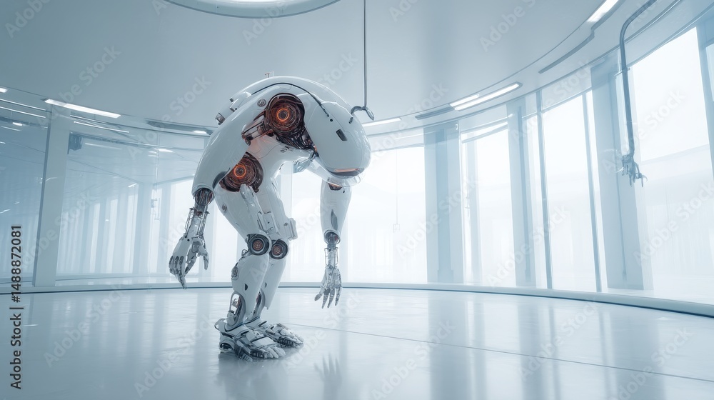 Poster a humanoid robot in a futuristic environment, showcasing advanced design and capabilities.