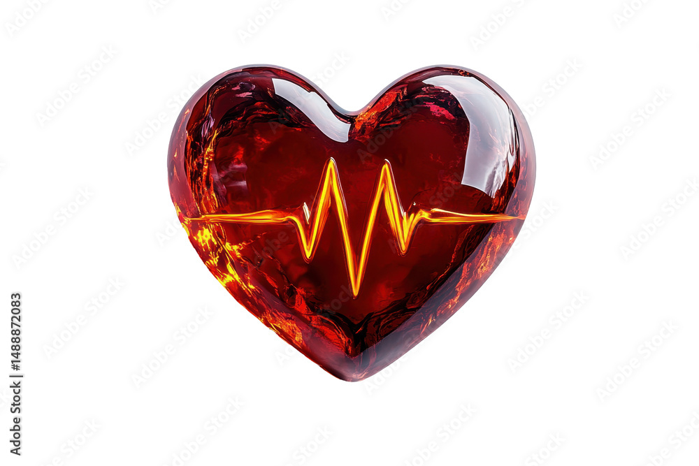 Poster Heart shape with heartbeat line depicted in red and white colors, featuring a transparent background suitable for various design applications and health-related projects