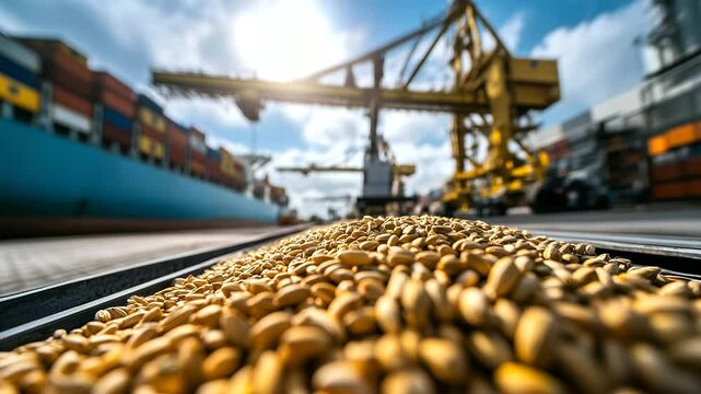 Wheat grains being carefully transferred from containers to massive transport ships, with towering cranes and machinery working in the background. Focus on European agricultural ex