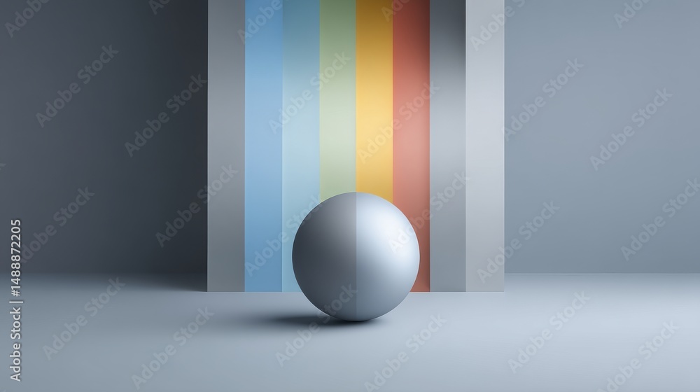Poster a minimalist design featuring a sphere in front of colorful vertical stripes.