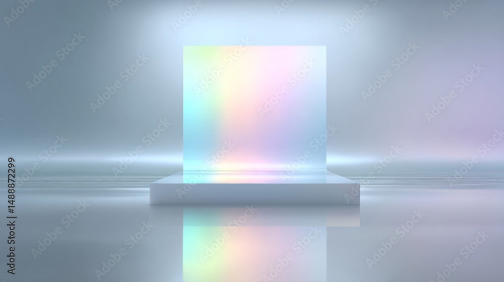 Poster a minimalist scene featuring an iridescent cube on a reflective surface.
