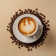 Heart-shaped latte art with coffee beans