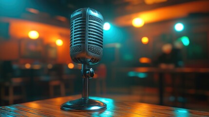 Vintage microphone on a table in a dimly lit bar