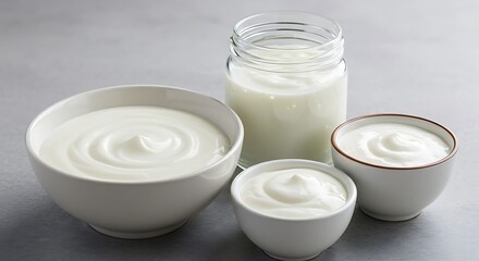 Fermented dairy products assortment: yogurt, kefir, skyr. Various textures and colors, probiotic-rich foods.