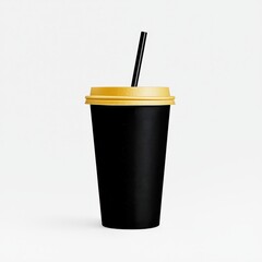 Black Paper Coffee Cup with Gold Lid and Black Straw