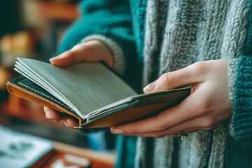 Woman holding a small tan leather bound notebook with blank pages in her hands indoors close up