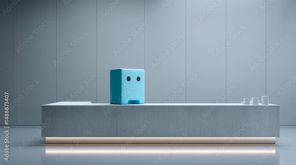 Poster a modern reception area with a unique blue object on a minimalist desk.