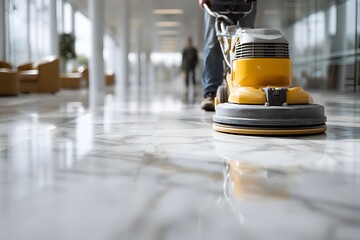 Professional floor cleaning machine with yellow scrubbing pad polishing a shiny marble floor in a bright, modern interior space