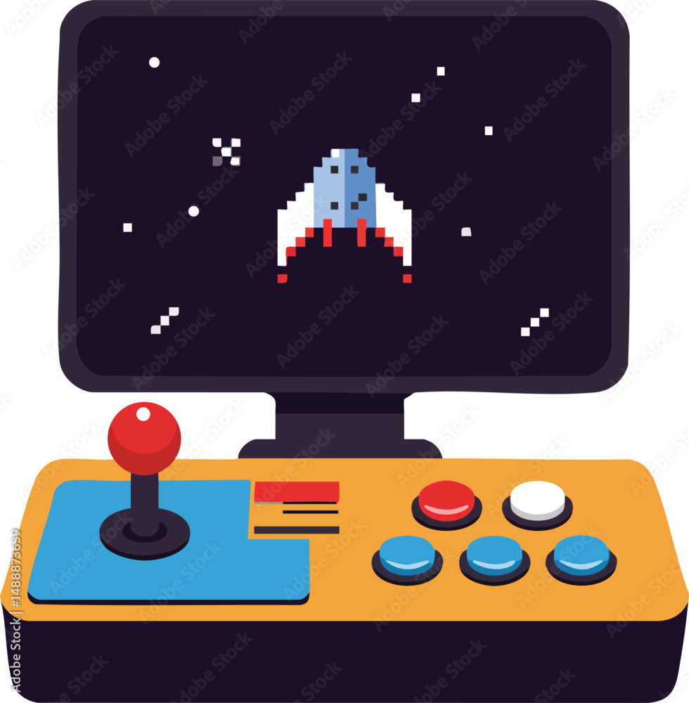 Poster retro arcade video game console with joystick and colorful buttons playing space shooter game vector
