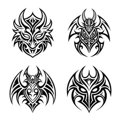 Four tattoo designs featuring tribal style animals and creatures in black and white on a white background