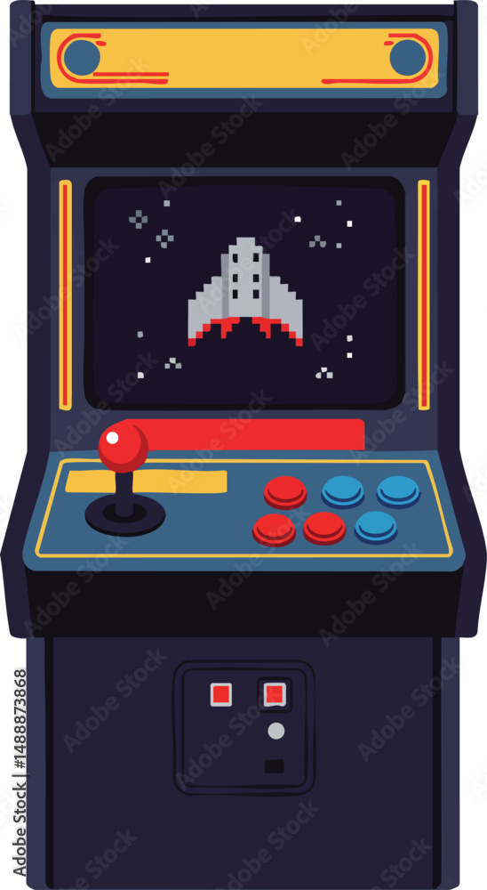 Poster retro arcade game machine with spaceship pixel art and joystick control panel vector illustration