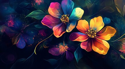 Vibrant Colorful Flowers Dark Background Artistic Floral Painting Digital Art Illustration Nature Bloom Botanical Design Vivid Hues Fantasy Flowers Abstract Floral       
