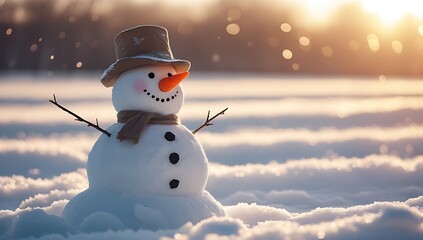 Obraz premium Happy Snowman in Winter Wonderland with Snow Falling and Pine Trees in the Background – Cute Seasonal Holiday Concept