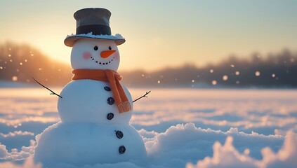 Fototapeta premium Happy Snowman in Winter Wonderland with Snow Falling and Pine Trees in the Background – Cute Seasonal Holiday Concept