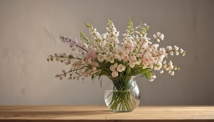 Delicate spring bouquet in glass vase, soft light from nearby lamp casts gentle glow on wooden surface , lamp light, flowers, photography