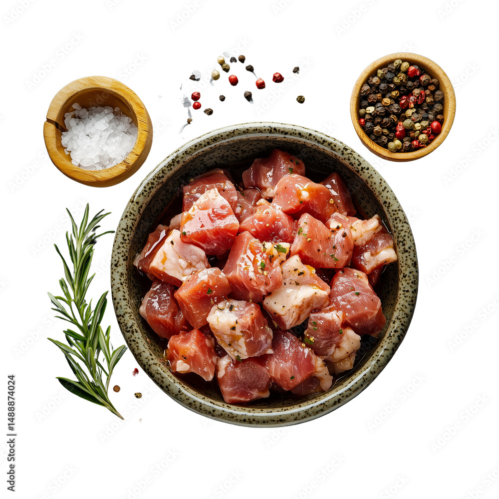 Poster cubes of raw meat arranged in a bowl with herbs and spices surrounding them. isolated on white backg