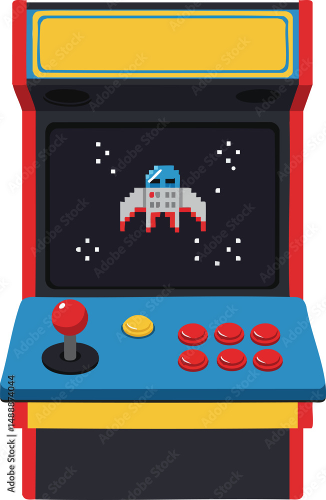 Poster retro arcade game machine with pixel spaceship gameplay and colorful buttons in vintage gaming style