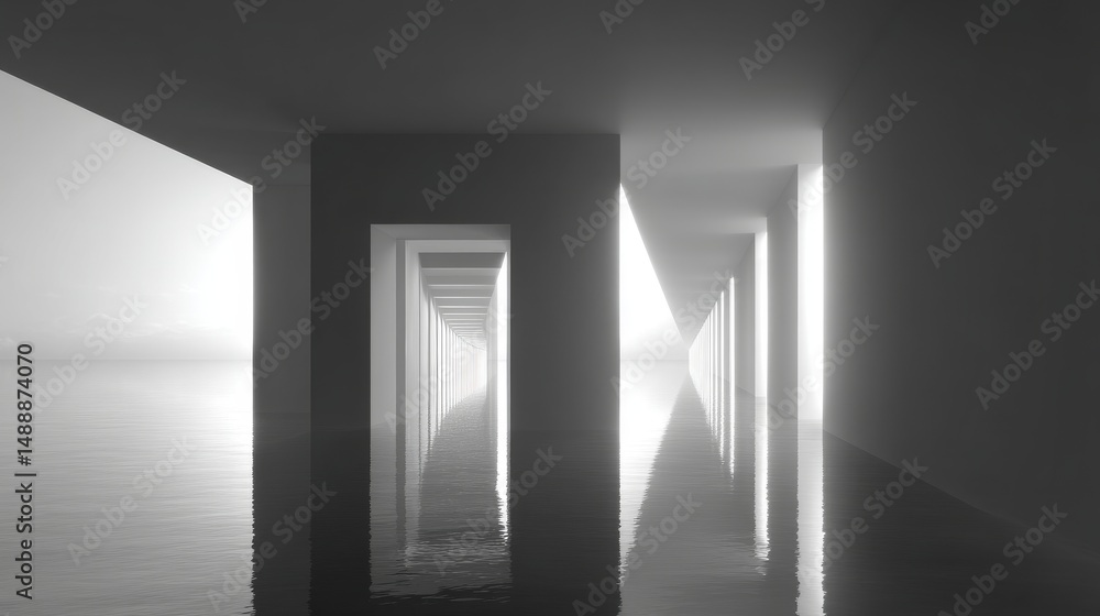 Poster a serene view of modern architecture with flawless reflections and minimalistic design.