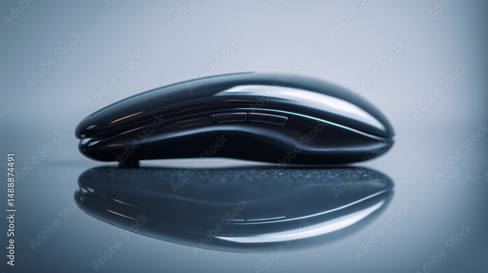 Poster a sleek black computer mouse reflecting on a smooth surface, ideal for tech visuals.