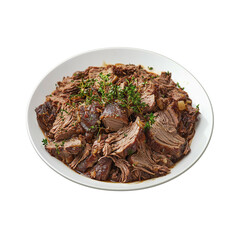 A plate of shredded, dark Mississippi Pot Roast garnished with herbs, presenting a rich and savory dish. isolated on white background and transparent background
