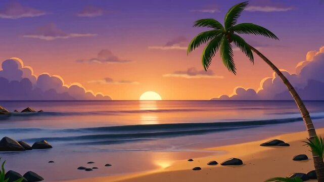 Pixelated Sunset Over Ocean With Palm Tree Silhouette And Golden Hour Light