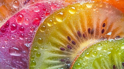Vibrant Colorful Kiwi Fruit Slices Macro Photography Water Drops Juicy Refreshing Summer Tropical Exotic Delicious Food Background Texture Image red pink diet ripe green 