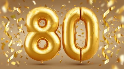Celebratory golden balloons showcasing the number 80 surrounded by festive confetti and ribbons, perfect for milestone birthday celebrations or anniversaries