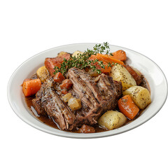 A hearty plate of  pot roast stew with vegetables, garnished with fresh herbs. isolated on white background and transparent background