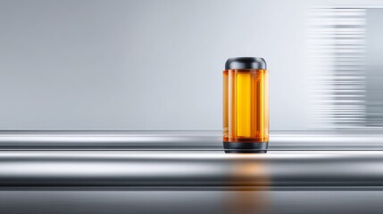 A sleek orange container on a metallic surface with a blurred background, representing innovation.