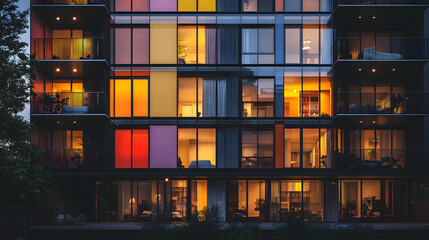 frontal elevation of a coloured glass apartment building facade at night with apartment interiors lit up. vertical banding