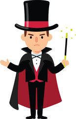 Magician wearing black top hat and cape holding magic wand performing magic vector illustration 