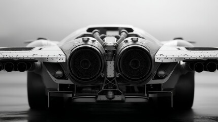 A striking black-and-white image of a futuristic vehicle's rear view.