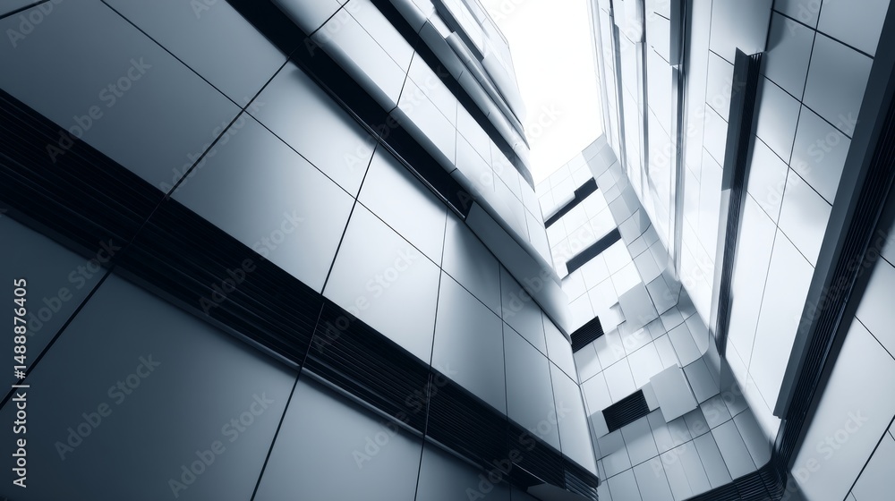 Poster a striking view of modern architectural design with sleek metallic surfaces and tall structures.