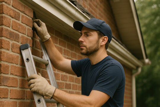 Focused worker maintaining brick wall and ladder safety during outdoor task