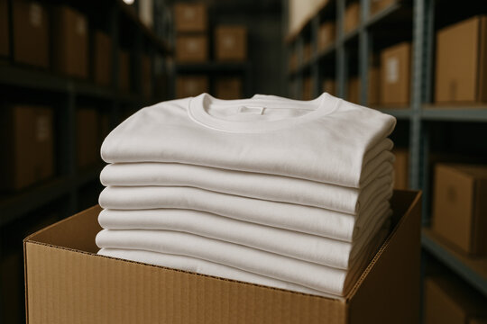 Folded white t shirts in shipping warehouse with cardboard boxes