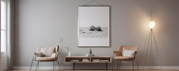 Fototapeta premium Stylish home, poster hanging with clips against bright wall, clean, graphic, idea