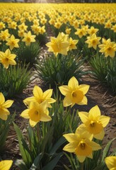Fototapeta premium Glistening daffodil petals, sun-kissed yellow blooms in a vibrant field , field, yellow daffodils