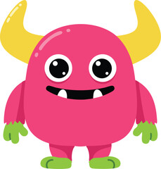Fototapeta premium Cute pink little monster with big eyes and yellow horns cartoon character vector illustration design 