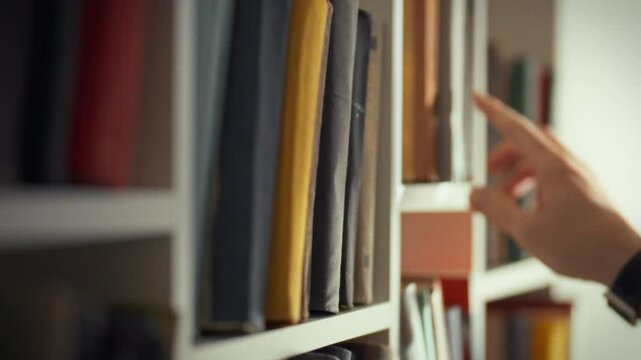 In a warm library, an individual with a watch gently pulls a book from a shelf filled with colorful volumes. This activity showcases a love for reading and exploration of literature