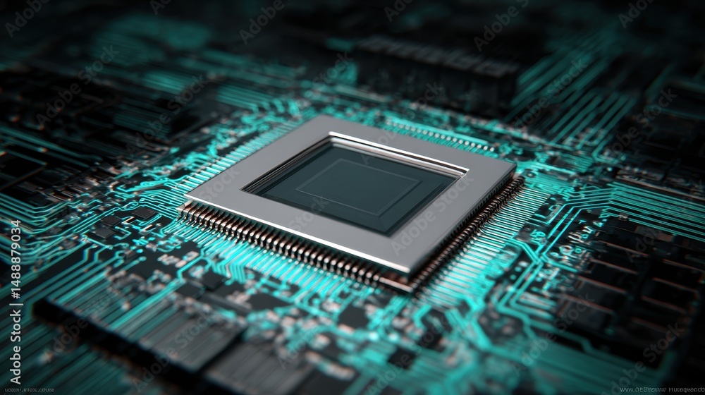 Poster close-up view of a central processing unit on a circuit board with illuminated green lines and textu