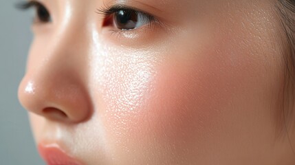 Fototapeta premium Close-up of a young person's face with subtle makeup application.