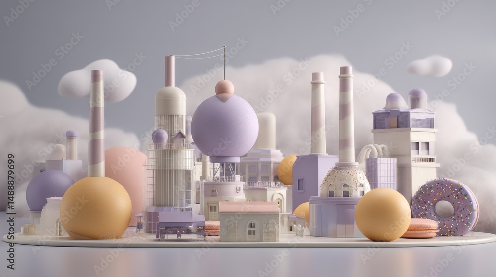 Aufkleber a whimsical representation of factories with colorful shapes and vibrant structures.