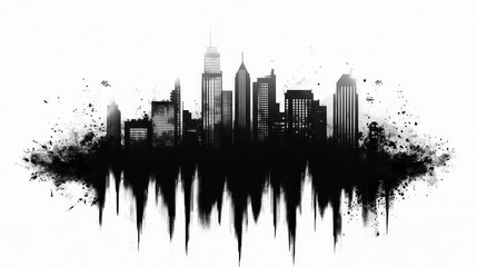 Abstract cityscape silhouette isolated on white background, cut out, modern urban skyline shape with clean edges, minimalistic design emphasizing city structure.